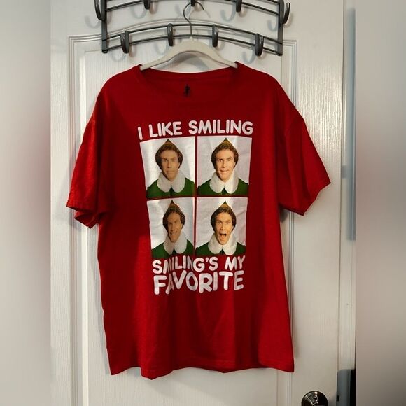 Elf “I Like Smiling” T-Shirt Red Men's L Smiling’s my favorite Will Ferrell Tee - Picture 1 of 8